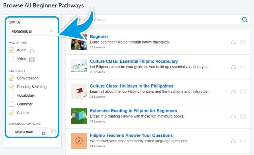 FilipinoPod101-Review-Lesson-Library-Filtering
