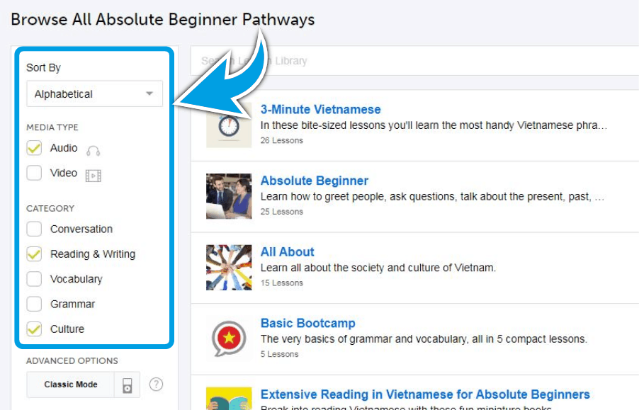 VietnamesePod101-Review-lesson-library-filtering
