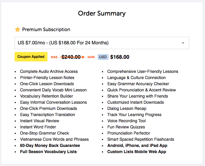 VietnamesePod101 Discount Applied Screenshot